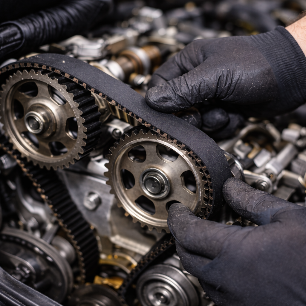 Mechaniker arbeitet an Zahnriemen im Motor